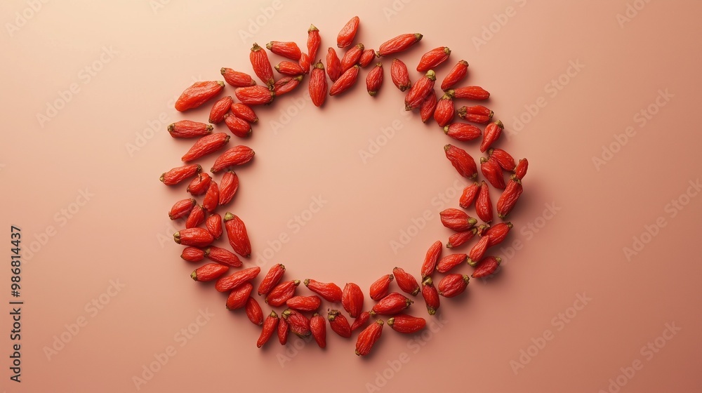 Obraz premium Flat lay circular arrangement of goji berries vegetable fruit for natural ingredient, copy space
