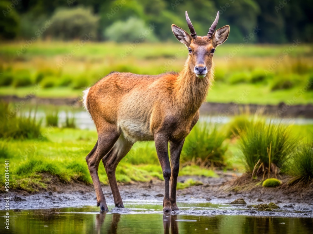 The cloven ungulate animal stands on damp soil, its double hooves firmly planted and surrounded by lush grass. The cloven ungulate animal stands on damp soil, its double hooves firmly planted and surrounded by lush grass.