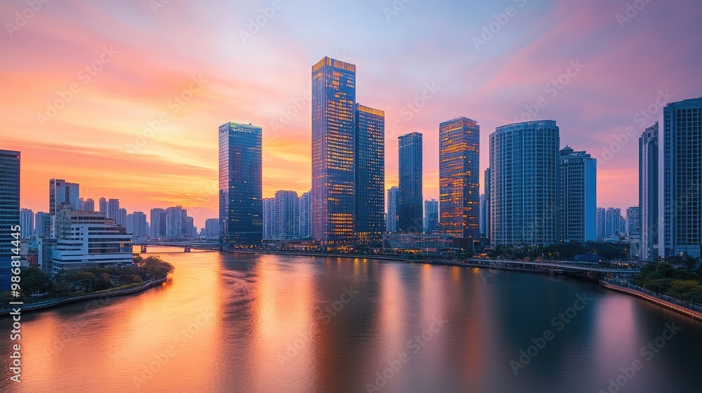 Fototapeta premium A panoramic view of a modern city skyline at sunset, with skyscrapers reflecting the orange and pink hues of the sky, and a river flowing through the urban landscape.