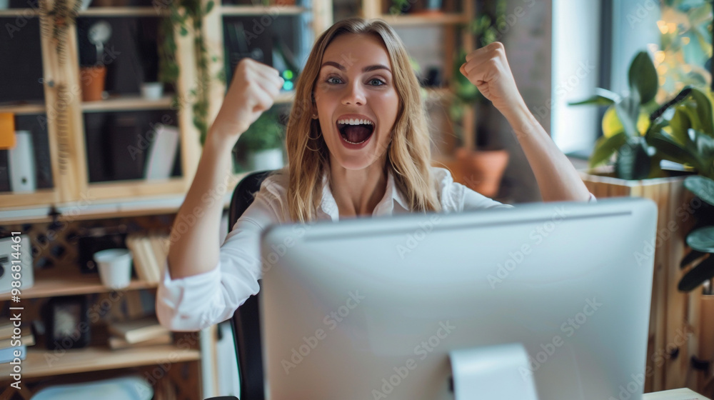 Excited Woman Celebrating Success at Office Desk. A joyful woman enthusiastically celebrates success while sitting at her office desk, conveying victory and achievement in a professional setting. Excited Woman Celebrating Success at Office Desk. A joyful woman enthusiastically celebrates success while sitting at her office desk, conveying victory and achievement in a professional setting.