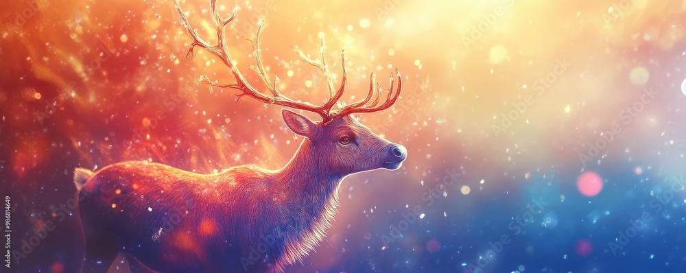 A majestic deer stands gracefully against a vibrant, dreamy background filled with colorful lights and ethereal splashes of color. A majestic deer stands gracefully against a vibrant, dreamy background filled with colorful lights and ethereal splashes of color.
