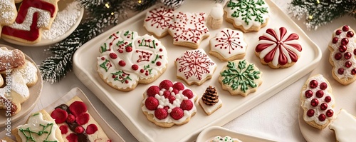 Festively decorated cookies on a tray, perfect for holiday celebrations and gatherings. A sweet treat for everyone to enjoy.