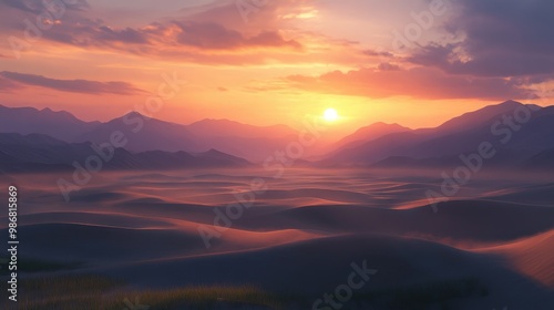 Wallpaper Mural A view of a desert landscape at dusk, with rolling sand dunes and distant mountains bathed in the soft glow of a setting sun, creating an ethereal scene. Torontodigital.ca