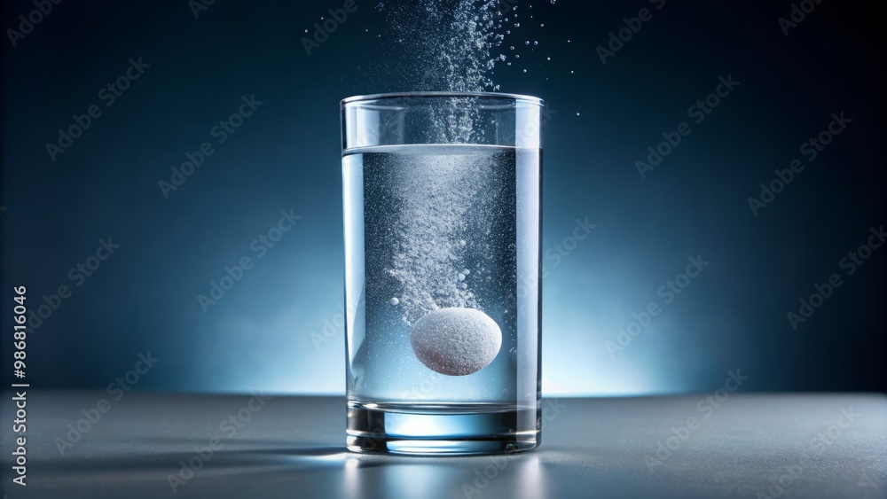 The effervescent tablet releases its fizz as it dissolves in the clear glass of water, creating a lively The effervescent tablet releases its fizz as it dissolves in the clear glass of water, creating a lively
