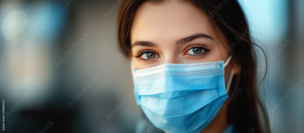 Close-up of young woman wearing disposable blue virus face mouth nose mask, wide banner with copy space left side. Coronavirus and ARVI outbreak prevention concept Close-up of young woman wearing disposable blue virus face mouth nose mask, wide banner with copy space left side. Coronavirus and ARVI outbreak prevention concept