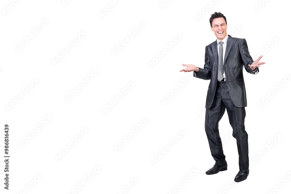 Cheerful man laughing on humorous joke. White background. Cheerful man laughing on humorous joke. White background.