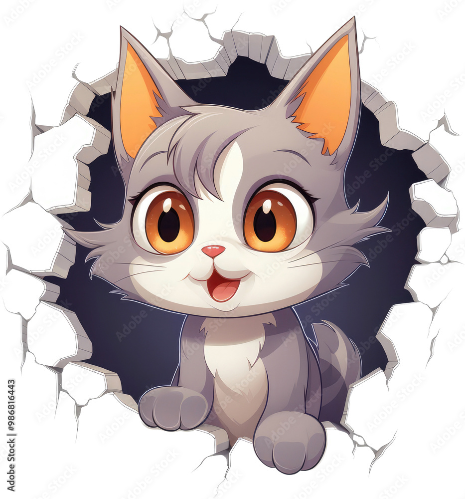 Cute Cartoon Cat Breaking Through a Hole in the Wall with Space for Copy isolated on transparent png background Cute Cartoon Cat Breaking Through a Hole in the Wall with Space for Copy isolated on transparent png background