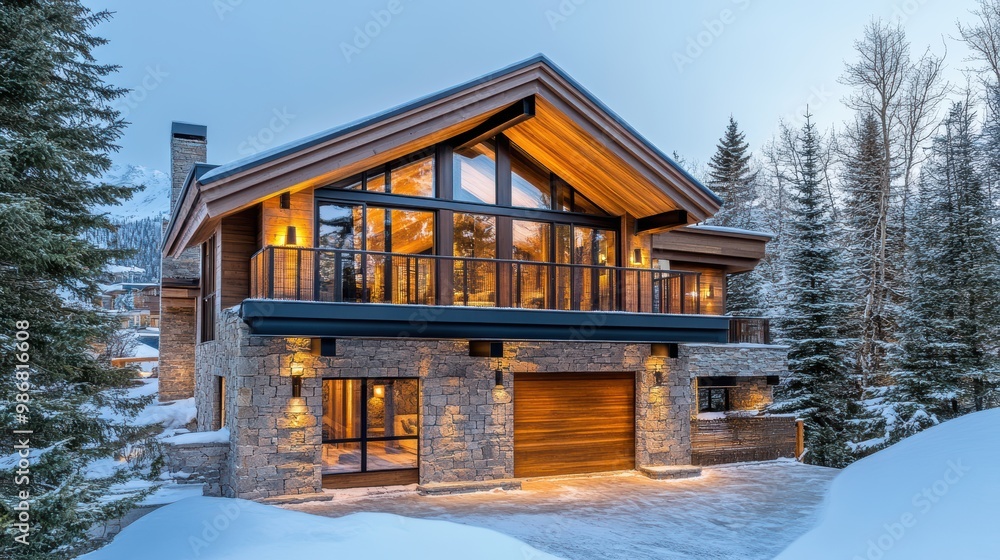 Contemporary Mountain Chalet Embracing Nature with Wood and Stone Accents, Expansive Glass Windows, and Scenic Balcony Overlooking a Snowy Landscape Contemporary Mountain Chalet Embracing Nature with Wood and Stone Accents, Expansive Glass Windows, and Scenic Balcony Overlooking a Snowy Landscape