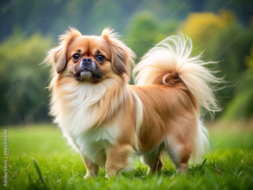 The Fluffy Tibetan spaniel stands attentively in the sun-dappled grassy field, its long, flowing coat rustling gently The Fluffy Tibetan spaniel stands attentively in the sun-dappled grassy field, its long, flowing coat rustling gently