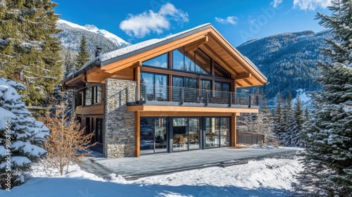 Contemporary Mountain Chalet Embracing Nature with Wood and Stone Accents, Expansive Glass Windows, and Scenic Balcony Overlooking a Snowy Landscape