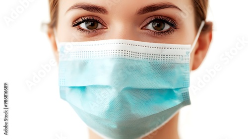 Close-up Portrait of a Woman Wearing a Blue Surgical Mask