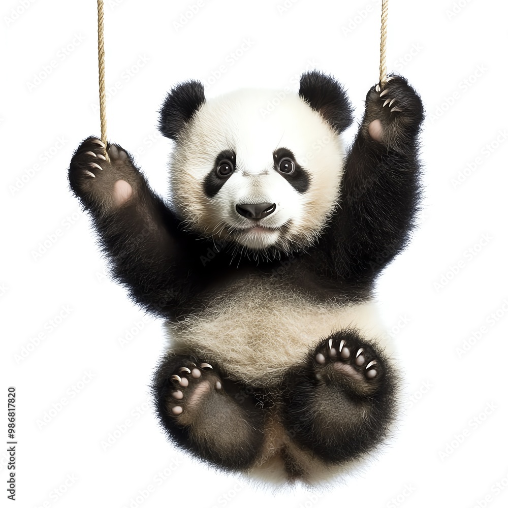 Naklejka premium A panda hanging from a Black Friday banner, looking playful and charming, isolated on white background