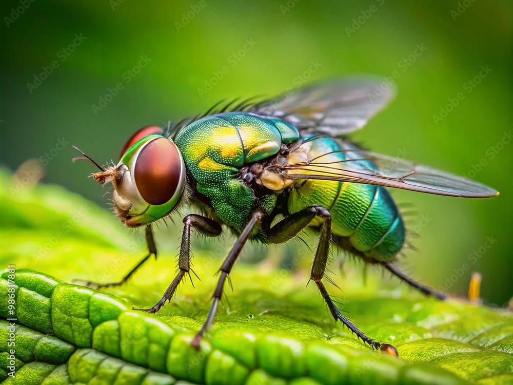 The greenhead fly's delicate features stand out against the soft, muted green of the leaf, its tiny eyes The greenhead fly's delicate features stand out against the soft, muted green of the leaf, its tiny eyes