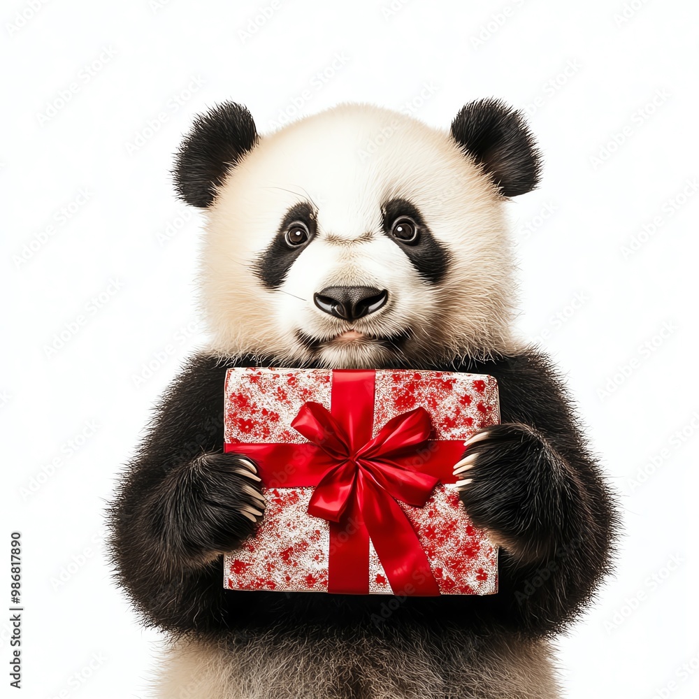 Naklejka premium A panda holding a Black Friday Deals banner with both paws, looking excited and festive, isolated on white background