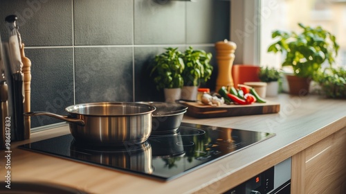 Modern Kitchen with Induction Stove, Oven, and Range Hood, Featuring Wooden Furniture and Stainless Pan on Glass Ceramic Hob photo