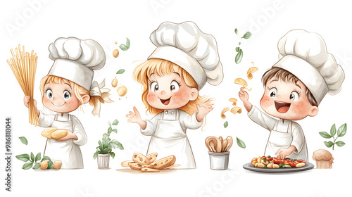 happy kids playing in the kitchen for cooking class and chefs lesson