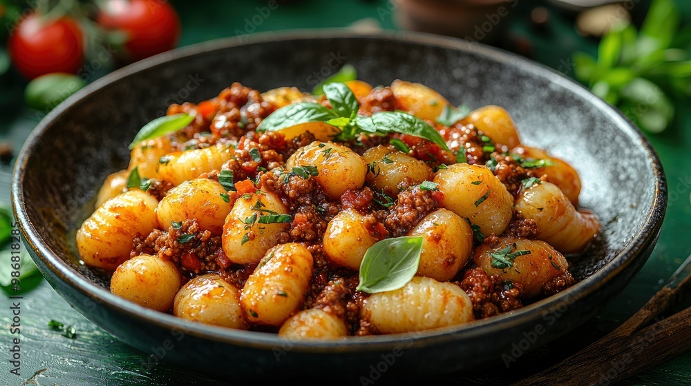 Close-up of a Plate of Gnocchi with Bolognese Sauce and Fresh Basil Close-up of a Plate of Gnocchi with Bolognese Sauce and Fresh Basil