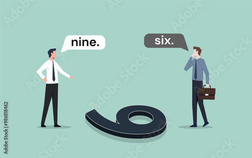 Six or Nine. Different answers from the perspective and point of view concept. Opposite view from two different people