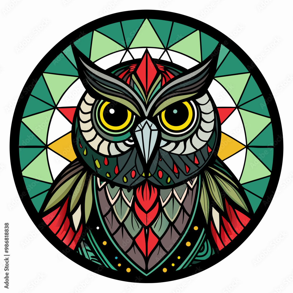 Obraz premium Black Stained Glass Christmas Owl round sign Black Vector silhouette