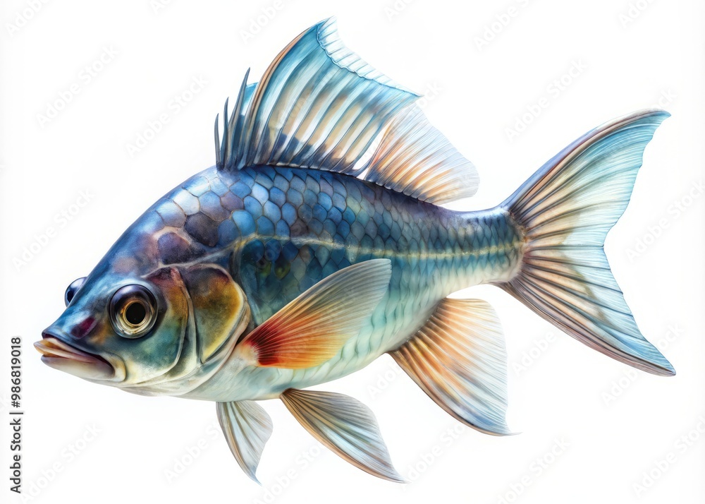 The iridescent fish glides effortlessly sideways, its shimmering scales catching the light as its fins flutter with The iridescent fish glides effortlessly sideways, its shimmering scales catching the light as its fins flutter with