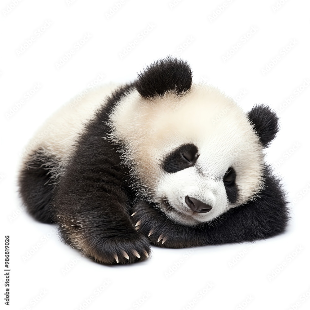 Naklejka premium A panda resting on a Black Friday discount sign, looking sleepy and cute, isolated on white background