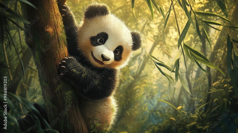 Obraz premium A baby panda climbing a tree in a lush bamboo forest, playfully grasping the branches with its soft, furry paws.