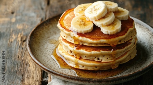 A banana pancake stack topped with syrup and sliced bananas, presented on a rustic plate, ready for a delicious breakfast.