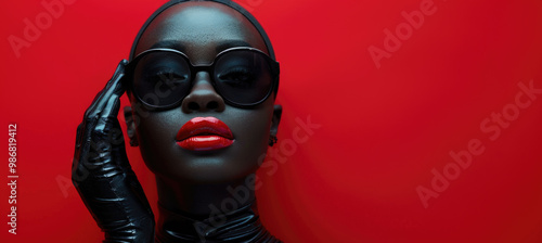 A striking portrait featuring model with dark skin, wearing stylish sunglasses and bold red lipstick against vibrant red background. image exudes confidence and modern fashion