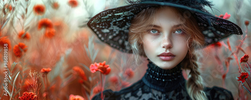 A young woman with striking expression wears large black hat amidst vibrant red flowers, creating captivating and ethereal atmosphere. intricate details of her attire and surrounding flora enhance enc photo