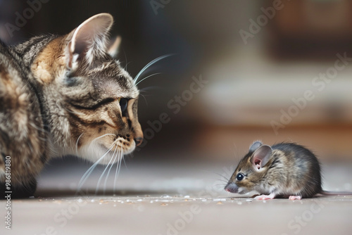  Curious gray tabby cat squatting while staring intently at a small house mouse photo