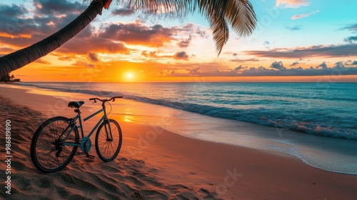 A bicycle leaning against a palm tree on a sandy beach, with the waves gently rolling in and a serene sunset casting warm hues over the horizon.