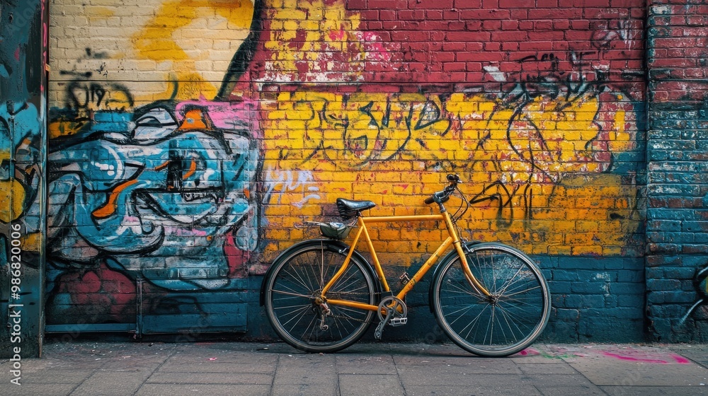 Fototapeta premium A bicycle parked against a colorful graffiti-covered wall in a vibrant urban neighborhood, adding to the dynamic and artistic atmosphere.