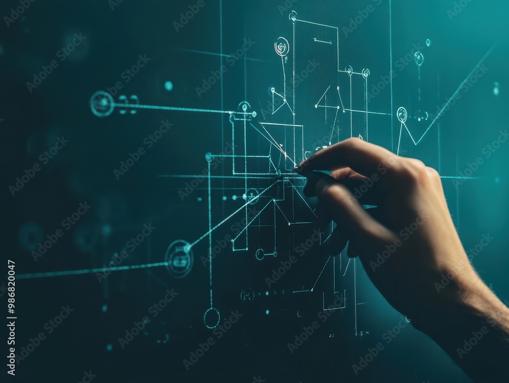 Fototapeta premium A hand interacts with a digital interface filled with lines and symbols, suggesting data visualization or software development.