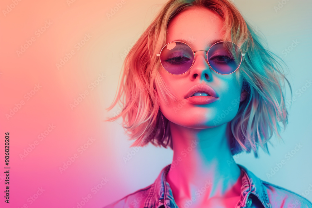 Stylish young woman with blonde hair and round sunglasses on colorful gradient background Stylish young woman with blonde hair and round sunglasses on colorful gradient background