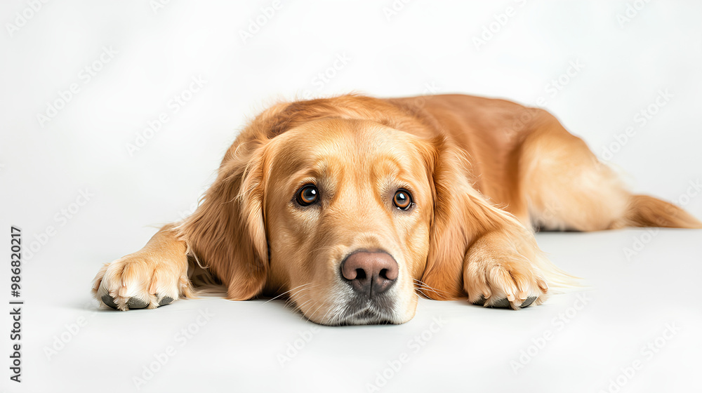 Sad golden retriever dog lying on the floor, pet isolated on white background, bored and unhappy animal Sad golden retriever dog lying on the floor, pet isolated on white background, bored and unhappy animal