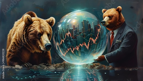 Surreal depiction of a bear and bull in suits analyzing stock market trends with a mystical crystal ball photo