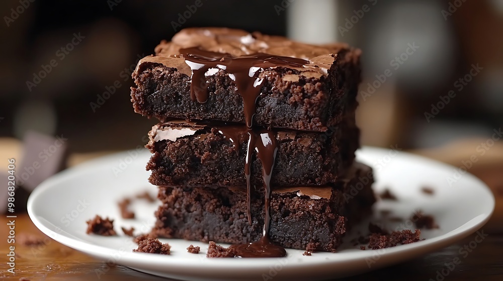 Brownies stacked with chocolate sauce drizzle on top Brownies stacked with chocolate sauce drizzle on top
