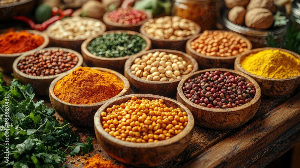 Assortment of Spices and Herbs in Wooden Bowls Assortment of Spices and Herbs in Wooden Bowls