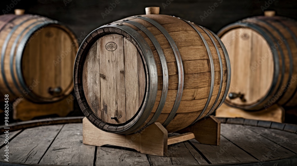 A rustic setting with a wooden barrel prominently displayed in the foreground. The barrel has a worn-out appearance with visible grain patterns and is resting on a wooden table. A rustic setting with a wooden barrel prominently displayed in the foreground. The barrel has a worn-out appearance with visible grain patterns and is resting on a wooden table.