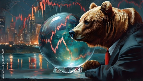 Surreal depiction of a bear and bull in suits analyzing stock market trends with a mystical crystal ball photo