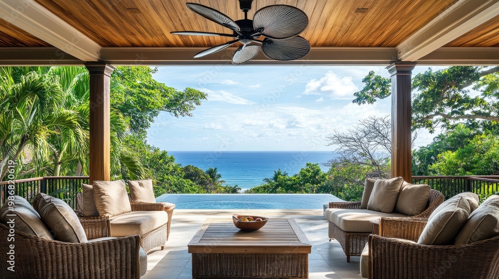 Fototapeta premium A ceiling fan spinning above an outdoor terrace with wicker furniture, providing a gentle breeze to cool down the tropical setting.