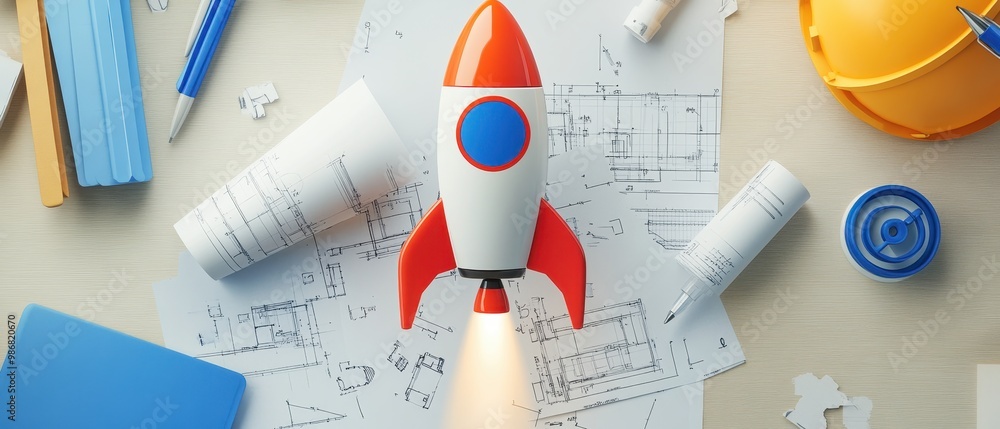 Fototapeta premium A colorful rocket model sits on blueprints among construction materials, representing creativity and engineering in a workspace setting.
