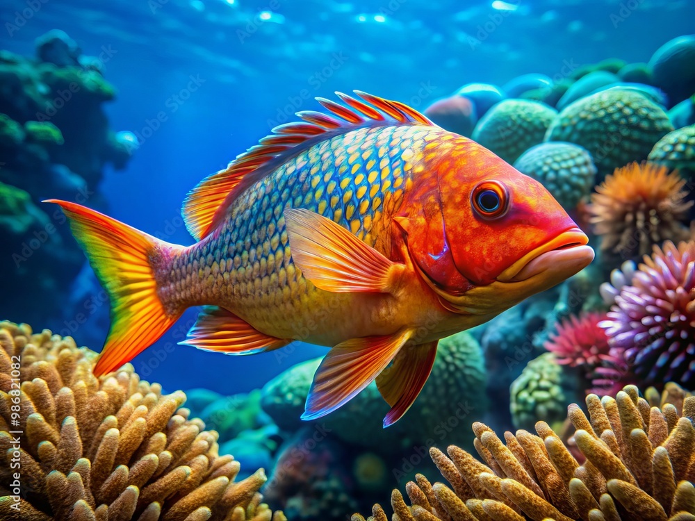 The majestic madai fish glides effortlessly through the ocean, its radiant orange and turquoise scales shimmering like The majestic madai fish glides effortlessly through the ocean, its radiant orange and turquoise scales shimmering like