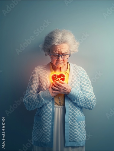 Woman touching heart with Depressed elderly goes through crisis, dementia.heart disease concept.