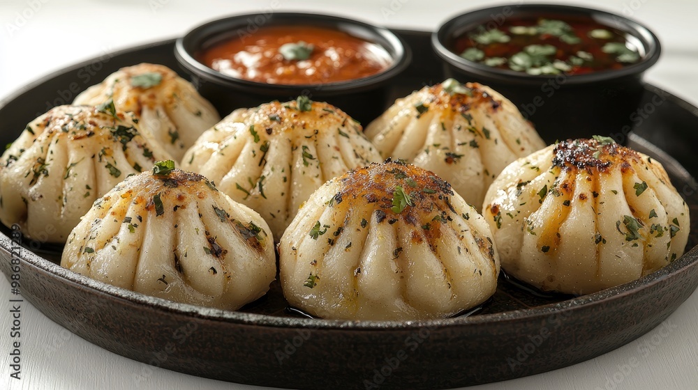 Close Up of Khinkali Georgian Dumplings on a Plate with Dipping Sauces Close Up of Khinkali Georgian Dumplings on a Plate with Dipping Sauces