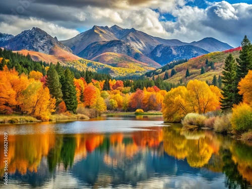 Wallpaper Mural The majestic Rocky Mountains frame a serene lake, surrounded by autumn's kaleidoscope of colors, illuminating the Torontodigital.ca