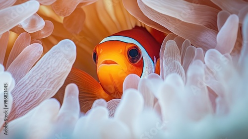 A close-up of a clownfish peeking out from an anemone, its bright orange and white stripes contrasting against the soft, flowing tentacles. photo