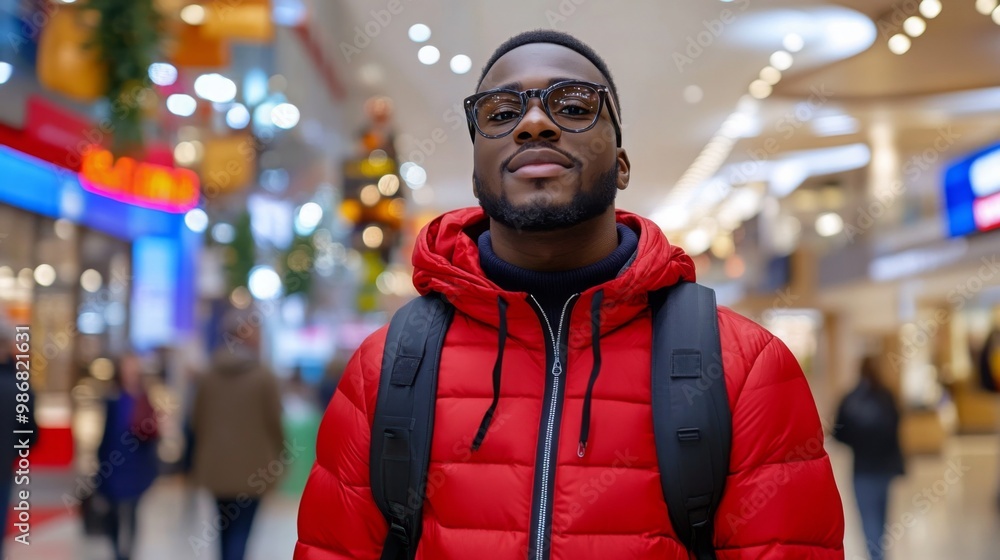 Fototapeta premium A confident young man in a red jacket stands in a busy mall.