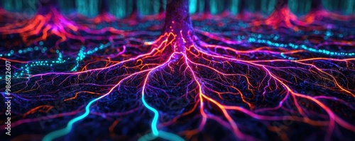 A vibrant, abstract depiction of tree roots illuminated with colorful lights, creating a stunning visual effect reminiscent of a digital landscape. photo