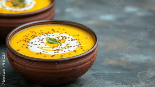 A vibrant bowl of creamy soup garnished with yogurt, spices, and herbs, showcasing rich flavors and a warm, inviting appearance.